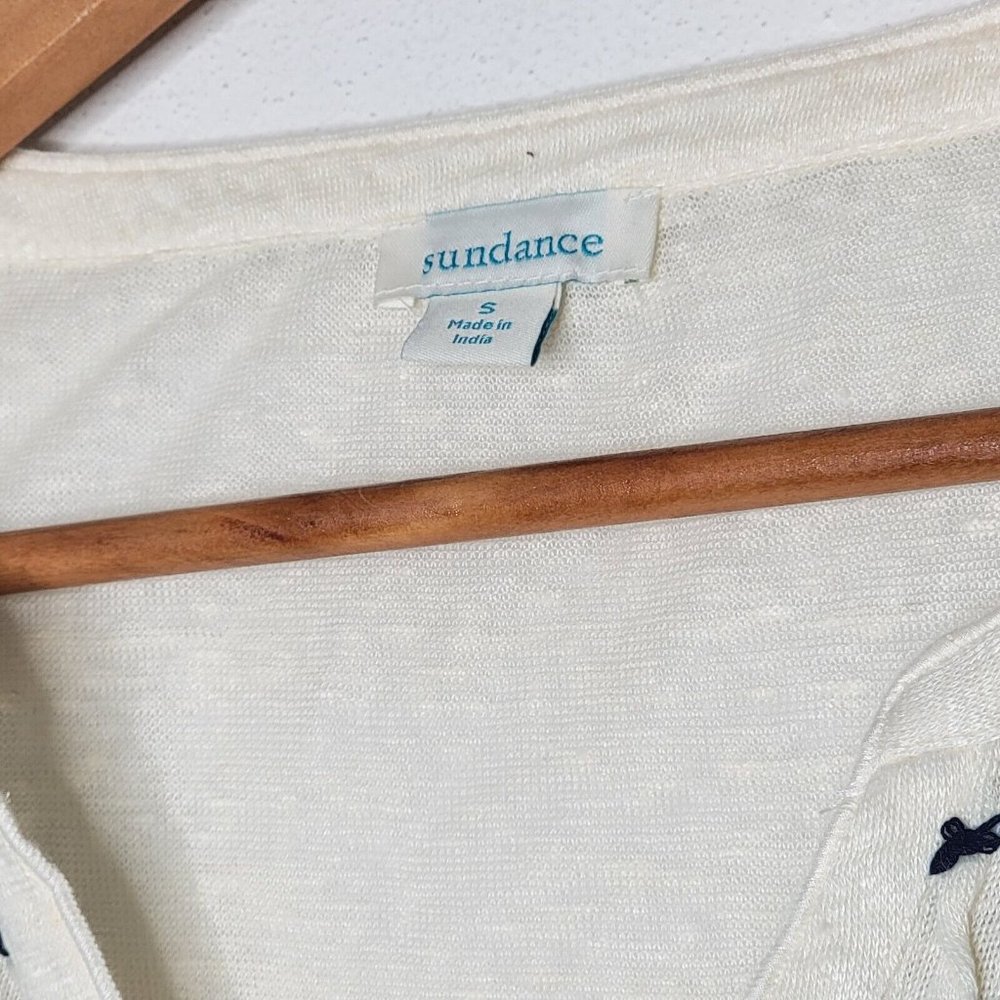 Sundance Small Linen Cream / Black Fluent Henley Bell Sleeve Embroidered Top - Picture 4 of 5